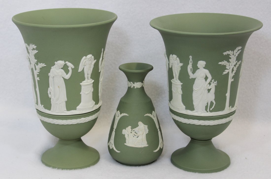 1960s SAGE GREEN WEDGWOOD LG JASPERWARE & BUD VASES XG: We are very pleased to present this gorgeous pair of tall matching sage green, 7.5 inch nominal collar base flared vases, plus a great 5 inch tall tapered bud vase, all by Josiah Wedgwood. The large 7