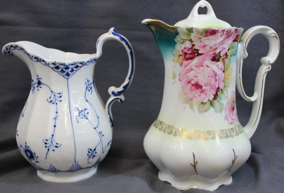 1937 ROYAL COPENHAGEN PITCHER, GERMAN CHOCOLATE POT XW: We are very pleased to present this handsome pair of fine porcelain pitchers in the form of a 1937 lightly ribbed, Flow Blue Royal Copenhagen milk pitcher, and a beautiful 1930s German porcelain flora