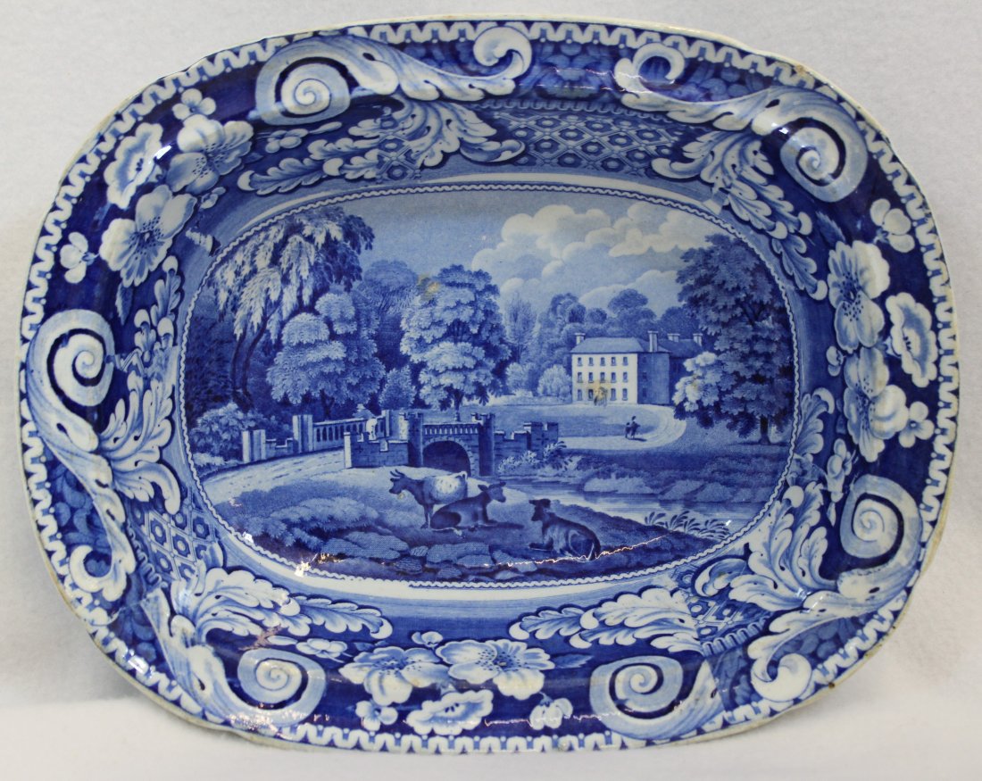 RARE 1820 JOHN RICHARD RILEY FLOW BLUE DALGUISE BOWL XG: We are exceptionally proud to showcase this fantastic & Rare large Flow Blue semi-porcelain serving bowl by John & Richard Riley potted between 1820 & 1828. This gorgeous English countryside scenic pa