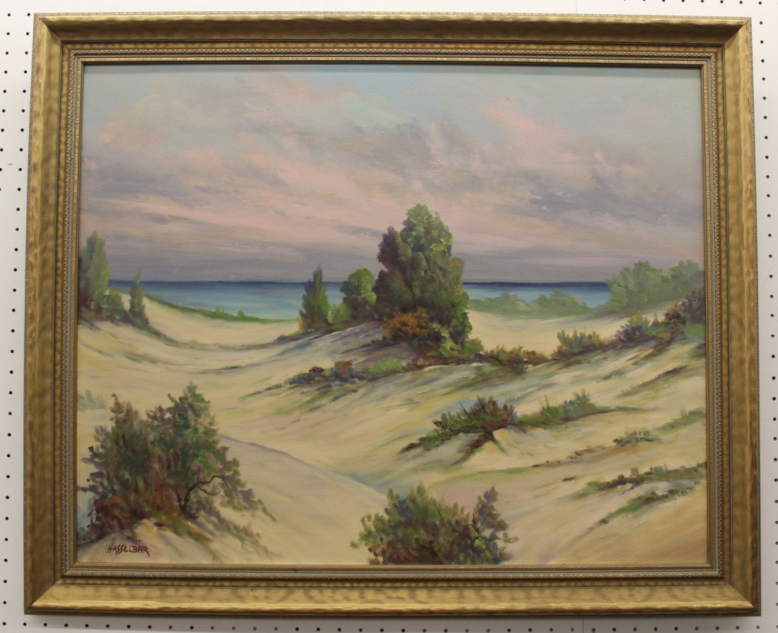 LISTED ARTIST MICHAEL HASSELBAR 1940s SEASIDE XJ: Offered for your consideration this original signed piece , circa 1930 - 1940 , by M. Hasselbar (1900 - 1949) is represented in the Brown Museum of Art, in Jacksonville, Florida. He is in museums and 