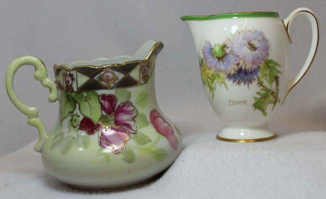 PRE-1921 IMPERIAL NIPPON & ROYAL DOULTON HP CREAMERS XC: We are very pleased to present this great pair of fine hand painted porcelain creamers including a scarce Imperial Nippon marked (Van Patten #38) pre-1921 floral example, and a fine 1937 Royal Doulton