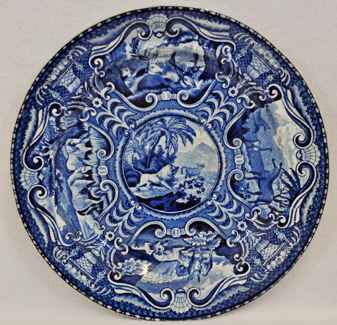 RARE ENGLISH JOHN HALL FLOW BLUE QUADRUPEDS PLATE XG: We are exceptionally proud to showcase this RARE 1814-1822 English Museum plate in the spectacular animal ladened Quadrupeds series, medallion Flow Blue plate by the famed John Hall of the Sytch Potte