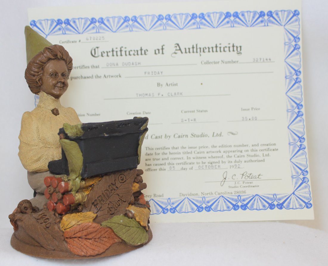 T CLARK GNOME GIRL FRIDAY RETIRED SECRETARY XZ: This Woodspirit, named "Friday", is in honor of all secretaries are the "girl Friday" in the office. She Knows that her Gibson girl outfit, popular at the turn of the century, is proper business attir