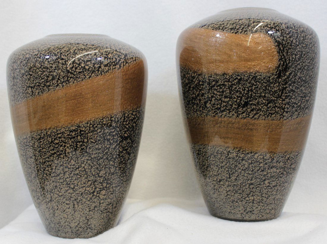 1990s DALE TIFFANY PAIR HB FAVRILE AVENTURINE VASES XG: We are very pleased to present pair of prominent & handsome ovoid, neck-less Favrile vases from the hand blown studios of Dale Tiffany ca. the latter 1990s. The term Favrile is derived from the Latin