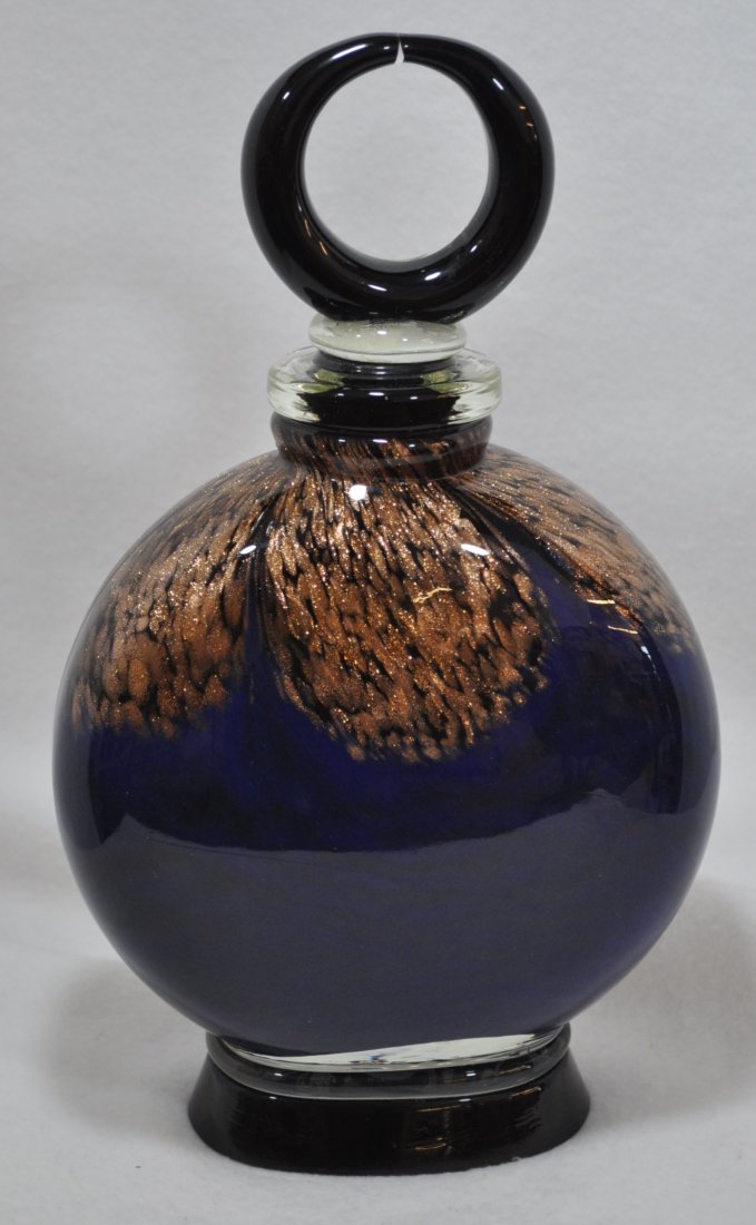 1990s DALE TIFFANY COBALT FAVRILE AVENTURINE COLOGNE XG: We are very pleased to present this gorgeous giant round & flattened Cobalt Favrile Cologne bottle from the hand blown studios of Dale Tiffany ca. the latter 1990s. The term Favrile is derived from th