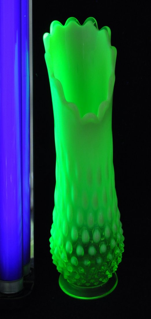 1959 FENTON TOPAZ OPALESCENT HOBNAIL 3758 SWUNG VASE XV: The AEAA is extremely proud to present this next Vaseline glass item, from the large & diverse collection of Mr. Loren “Butch” Morse of Yukon, Oklahoma. Our gorgeous heirloom represents an origina