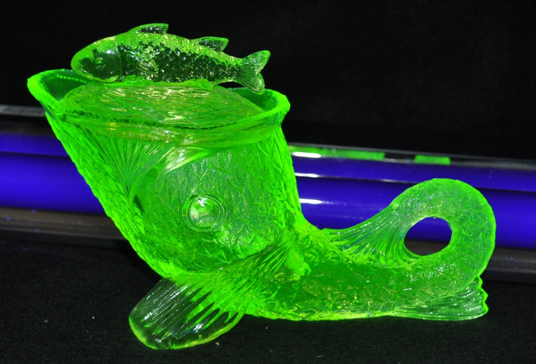 1970s KEMPLE GLASS VASELINE DOLPHIN GREENTOWN REPRO XV: The AEAA is extremely proud to present this next Vaseline glass item, from the large & diverse collection of Mr. Loren “Butch” Morse of Yukon, Oklahoma. Our gorgeous heirloom represents a fantasti
