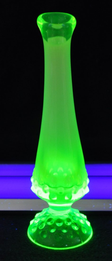 1959 FENTON TOPAZ OPALESCENT HOBNAIL 3756 8 BUD VASE XV: The AEAA is extremely proud to present this next Vaseline glass item, from the large & diverse collection of Mr. Loren “Butch” Morse of Yukon, Oklahoma. Our gorgeous heirloom represents an origina