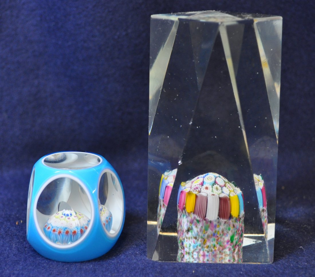 1970 TORSADE MILLEFIORI OVAL & PRISM PAPERWEIGHTS XJ: The AEAA is very pleased to offer this gorgeous pair of hand blown Torsade Millefiori mushroom paperweights from the 1970s-1980s. The smaller oval window weight is double cased with an opal glass line