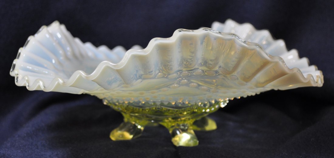 1905 NORTHWOOD VASELINE BEADED DRAPES FOOTED BOWL XV: The AEAA is very pleased to present this next piece of valuable Opalescent Vaseline glass from the respected David Morse collection. This lot represents a gorgeous 1905 Northwood Beaded Drapes pattern