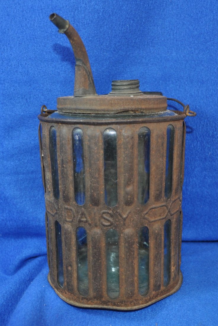 ANTIQUE ADAMS WESTLAKE DAISY RAILROAD KEROSENE LAMP XW: Offered for your consideration this Rare Antique late 1800's Adams Westlake Daisy Railroad filler can / jug for filling railroad lamps with Kerosene, 2 seam glass insert. 10" tall x 6.25 Patented Apri