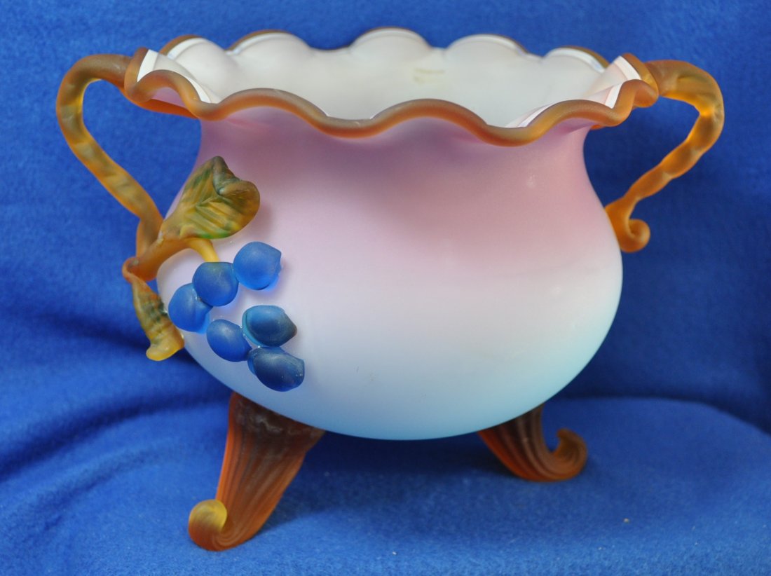 LG 1960 HB MURANO CASED PINK SATIN GLASS GRAPES VASE XW: The AEAA is extremely proud to showcase this large hand blown tri-footed robins egg blue to pink, cased glass crimped rim vase from the Island of Murano ca. 1960s. These were often imported by the Kos