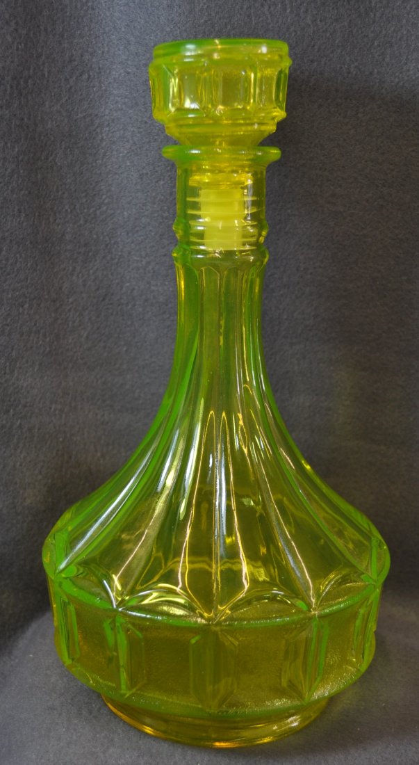1960s ARCHED BLOCK GREEN URANIUM PANEL BAND DECANTER XV: The AEAA is very pleased to present this next piece of valuable Green Uranium glass items from the respected Loren (Butch) Morse collection. This lot represents a handsome & large likely 1960s Czechos