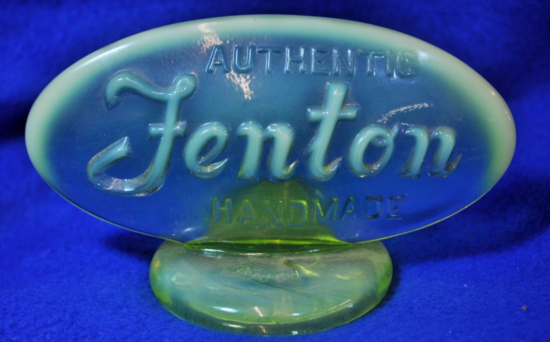 1980 FENTON FAGCA TOPAZ OPALESCENT DLR DISPLAY SIGN XV: The AEAA is very pleased to present this next piece of valuable Vaseline / Opalescent Vaseline glass from the respected David Morse collection. This lot represents a gorgeous 1980s Fenton / FAGCA (Fen