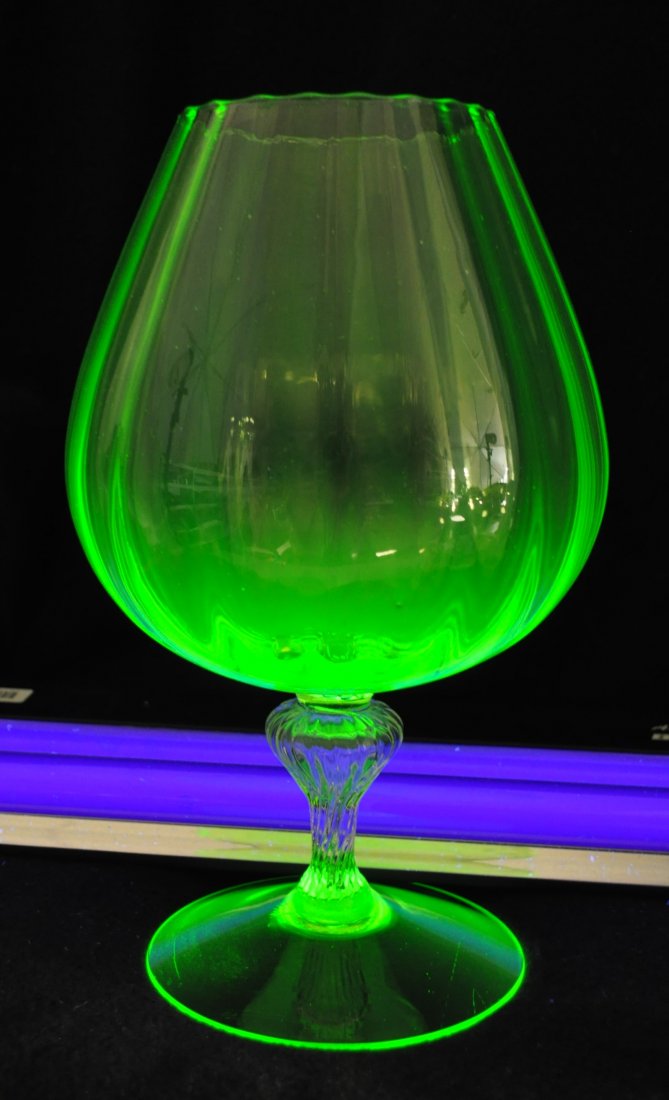 1930 GIANT GREEN URANIUM CRYSTAL STEM BRANDY SNIFTER XV: The AEAA is very pleased to present this next piece of valuable Green Uranium glass from the respected Loren (Butch) Morse collection. This lot represents a Rare, unique & gorgeous hand blown 1930s Gr