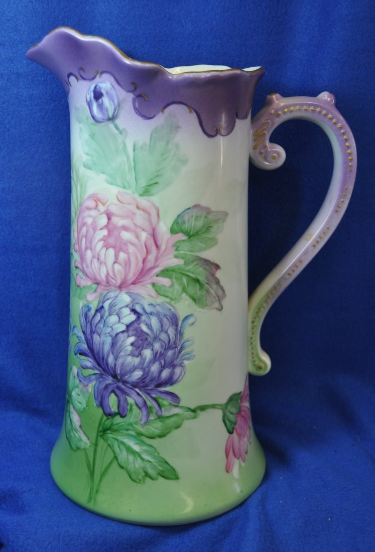 1930s BAVARIAN HP A DOLSON PORCELAIN TANKARD PITCHER XW: The AEAA is extremely proud to present this handsome hand painted, large Bavarian 1930s porcelain blank tankard pitcher, featuring multi colored mums, and finished by American artist A. Dolson. This c