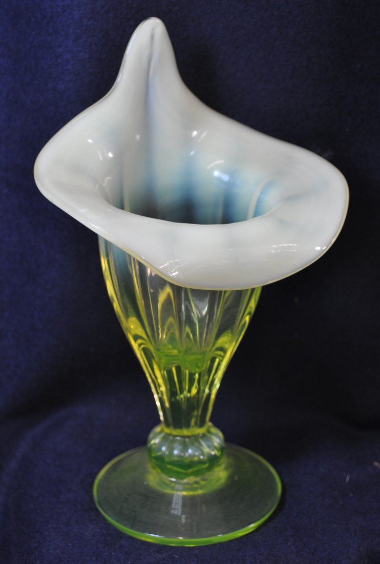 2000 GIBSON GLASS HB VASELINE OPALESCENT JIP VASE XV: The AEAA is very pleased to present this next piece of valuable Vaseline Opalescent glass from the respected Loren (Butch) Morse collection. This lot represents a scarce & lovely Gibson Glass hand blo