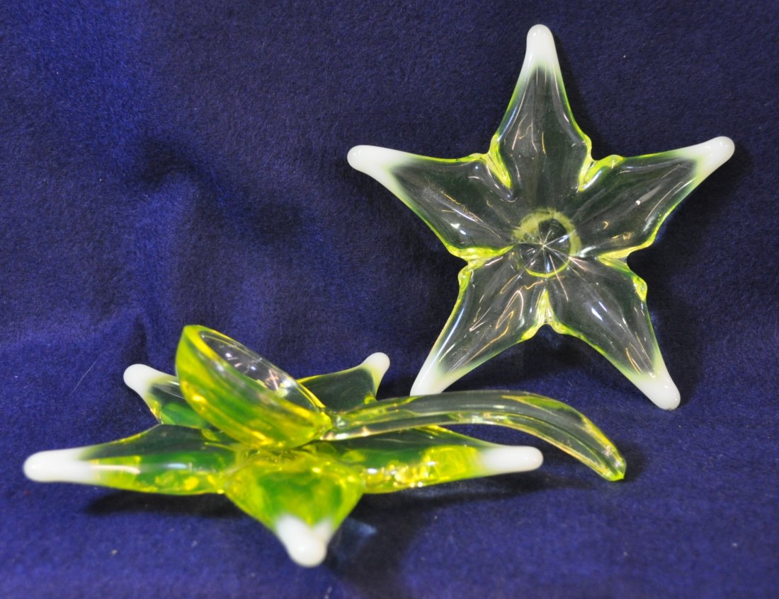 2000 GIBSON HB VASELINE OPALESCENT SPOON RESTS LADLE XV: 2000 Gibson Vaseline opalescent flower/poinsettia spoon/knife rests (2) + Vaseline sm ladle *** Total Weight: 10 oz. *** Measurements: flower measured for reference- 5x5x.75 *** ladle 5" longThe AEAA 