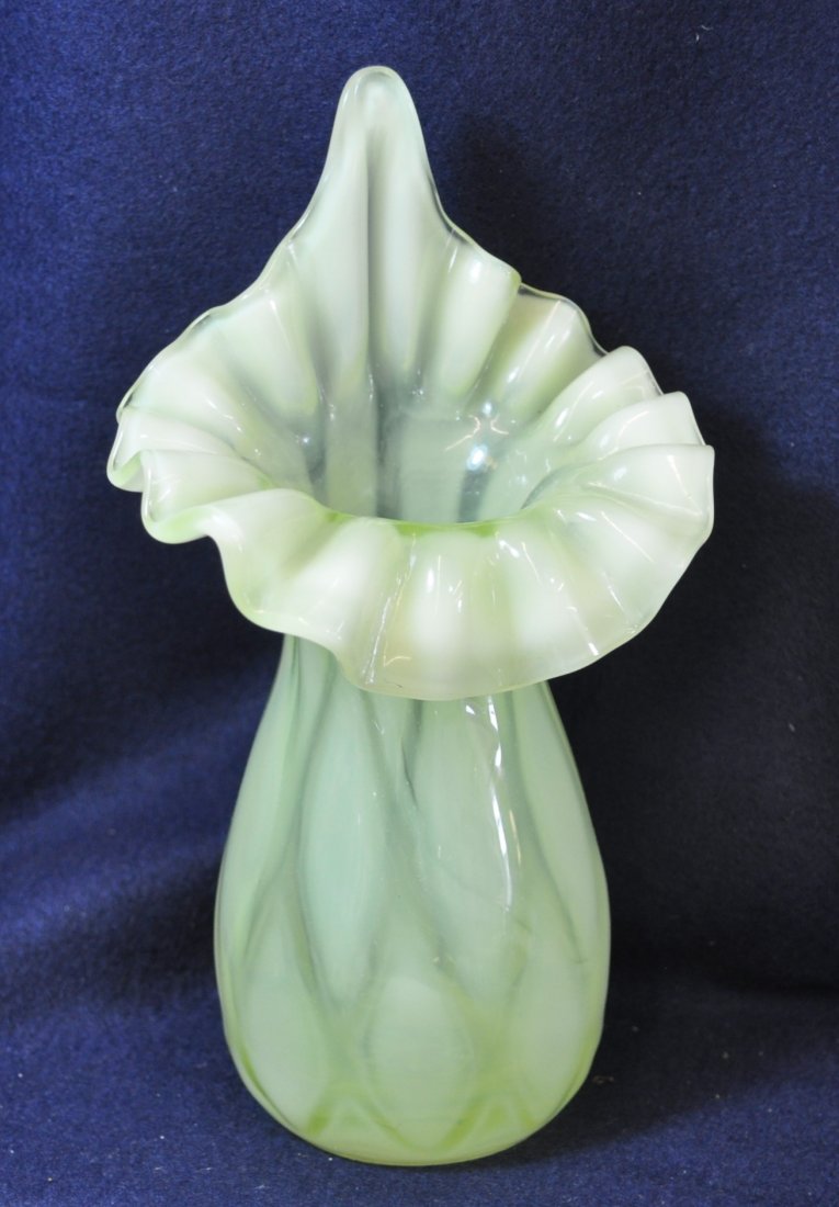 2001 GIBSON VASELINE OPALESCET JIP DIAMOND OPTIC VASEXV: The AEAA is very pleased to present this next piece of valuable Vaseline Opalescent glass from the respected Loren (Butch) Morse collection. This lot represents a scarce & lovely Gibson Glass hand blo