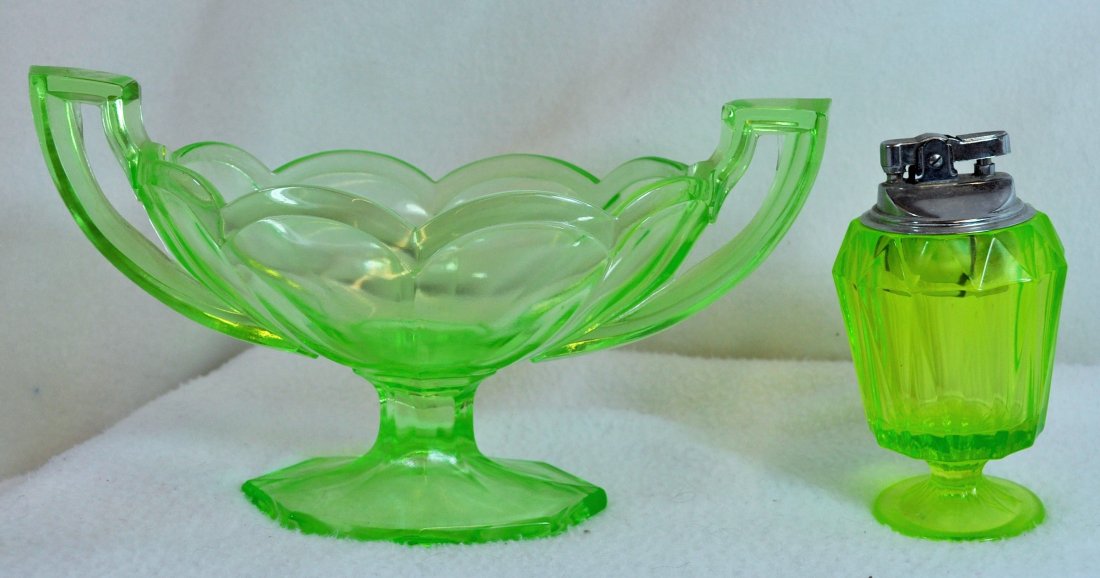 1960 VIKING URANIUM CIGARETTE LIGHTER 1930s COMPOTE XV: The AEAA is very pleased to present this next pair of valuable blown Green Uranium glass pieces from the respected Loren (Butch) Morse collection. This lot represents a great set of a fine Viking Glas
