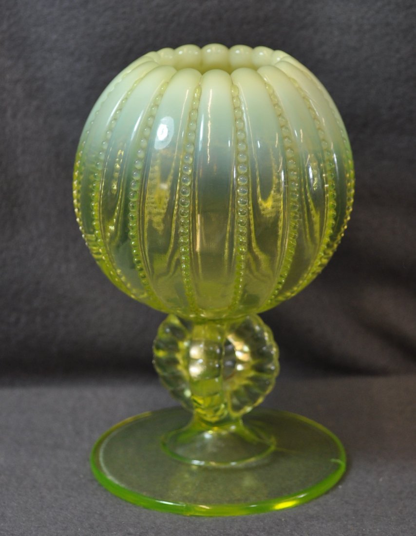 1899 NORTHWOOD VASELINE OPAL OPEN THRUSTEM ROSE BOWL XV: The AEAA is very pleased to present this next piece of valuable Vaseline glass from the respected Loren (Butch) Morse collection. This lot represents a gorgeous & scarce 1899-1902 Vaseline Opalescent 