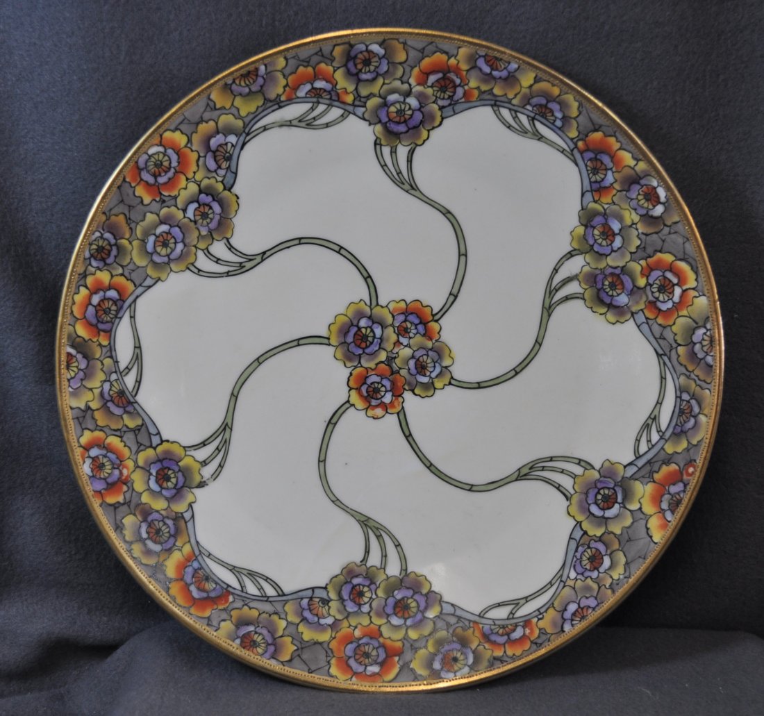 PRE 1921 SCARCE MORIMURA BLUE MARK ART NOUVEAU PLATE XW: The AEAA proudly offers this wonderful piece of beautiful, original hand painted pre-1921 Morimura Nippon, representing a full sized, scarce blue stamp, true flowing Art Nouveau plate. Our deep and ri