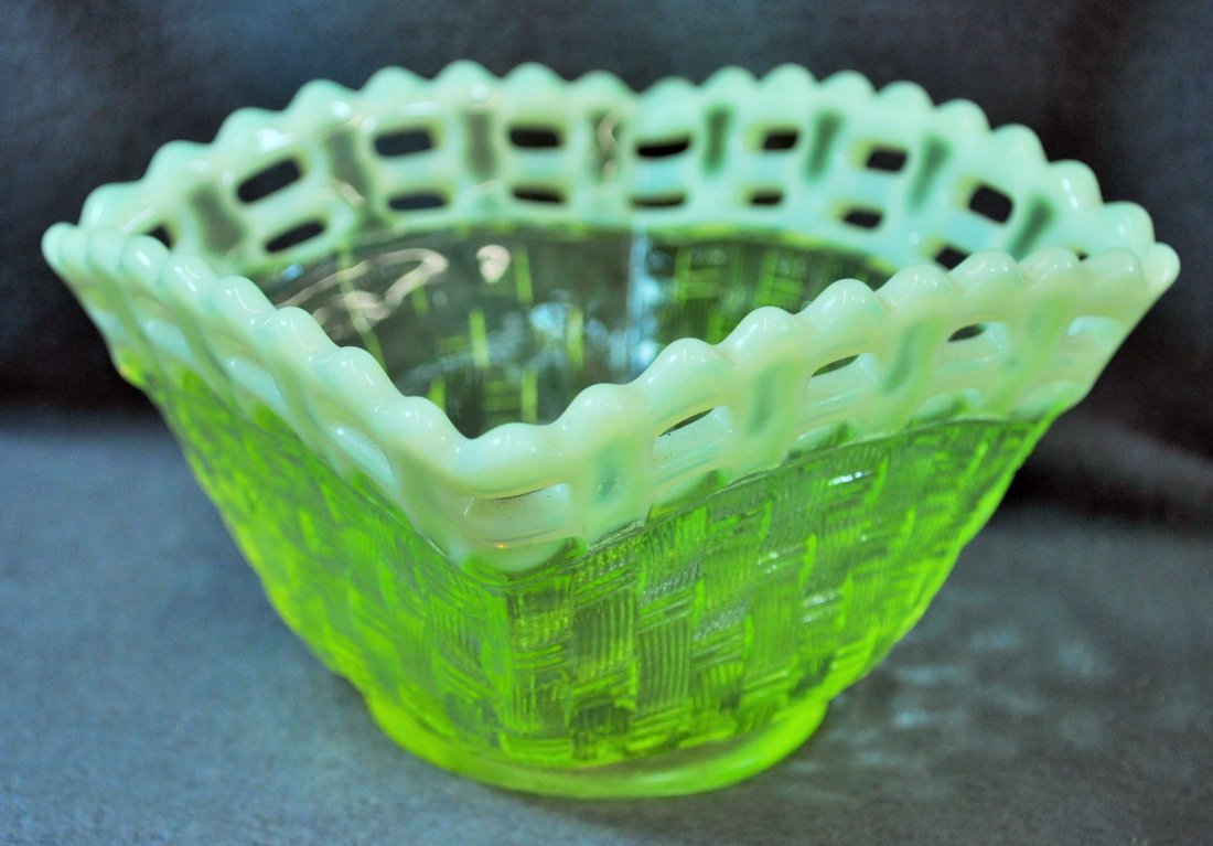 1930s FENTON TOPAZ OPALESCENT OPEN BASKET WEAVE BOWL XV: The AEAA is very pleased to present this next piece of valuable Vaseline glass from the respected Loren (Butch) Morse collection. This lot represents a handsome 1930s Fenton Art Glass, Topaz Opalescen