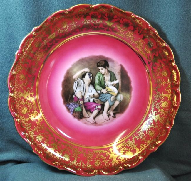 1960s CARL SCHUMANN BAVARIA BOY GRAPE EATERS CHARGER XW: The AEAA is very pleased to present the second of two, beautiful Carl Schumann 1960s, Bavarian copiously gilded pink ground,European little boy grape eaters (picked by the little girls) center transfe