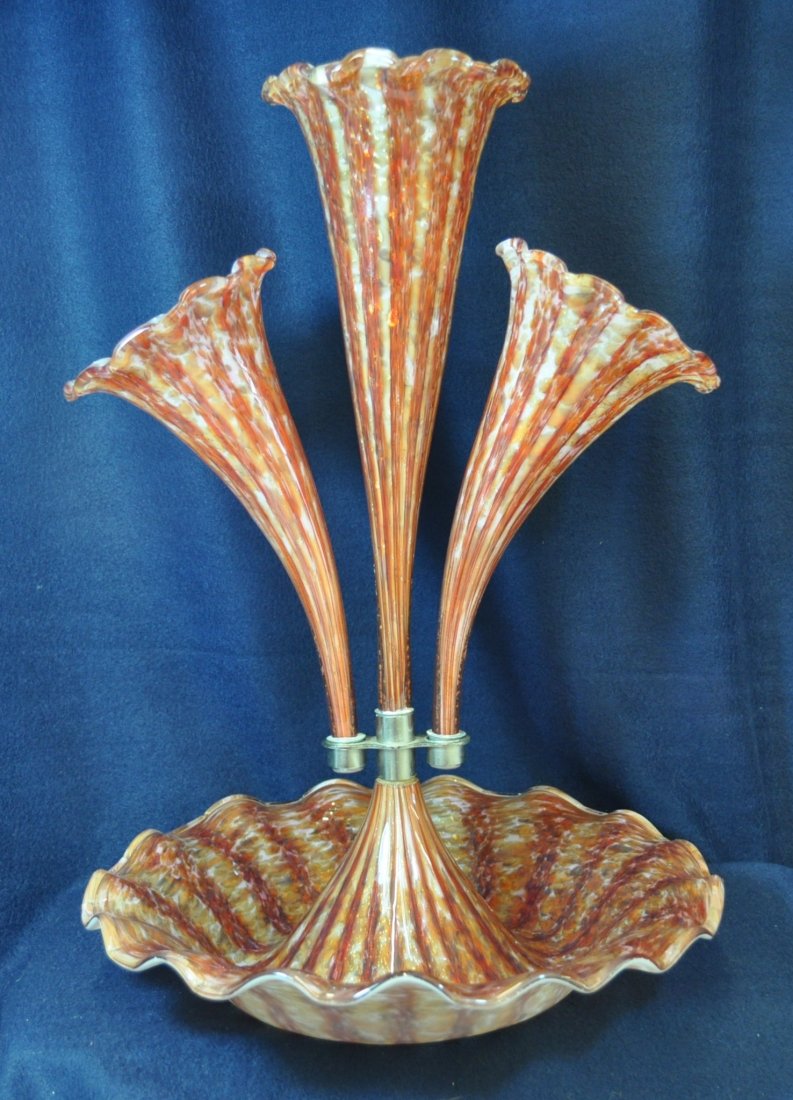 1950s SCARCE HB MURANO CASED AVENTURINE RIB EPERGNE XJ: The AEAA is very pleased to present this 1950s hand blown showcase cased glass epergne, lovingly finished on the Island of Murano. Our classic example features a particularly wide matching base, two s