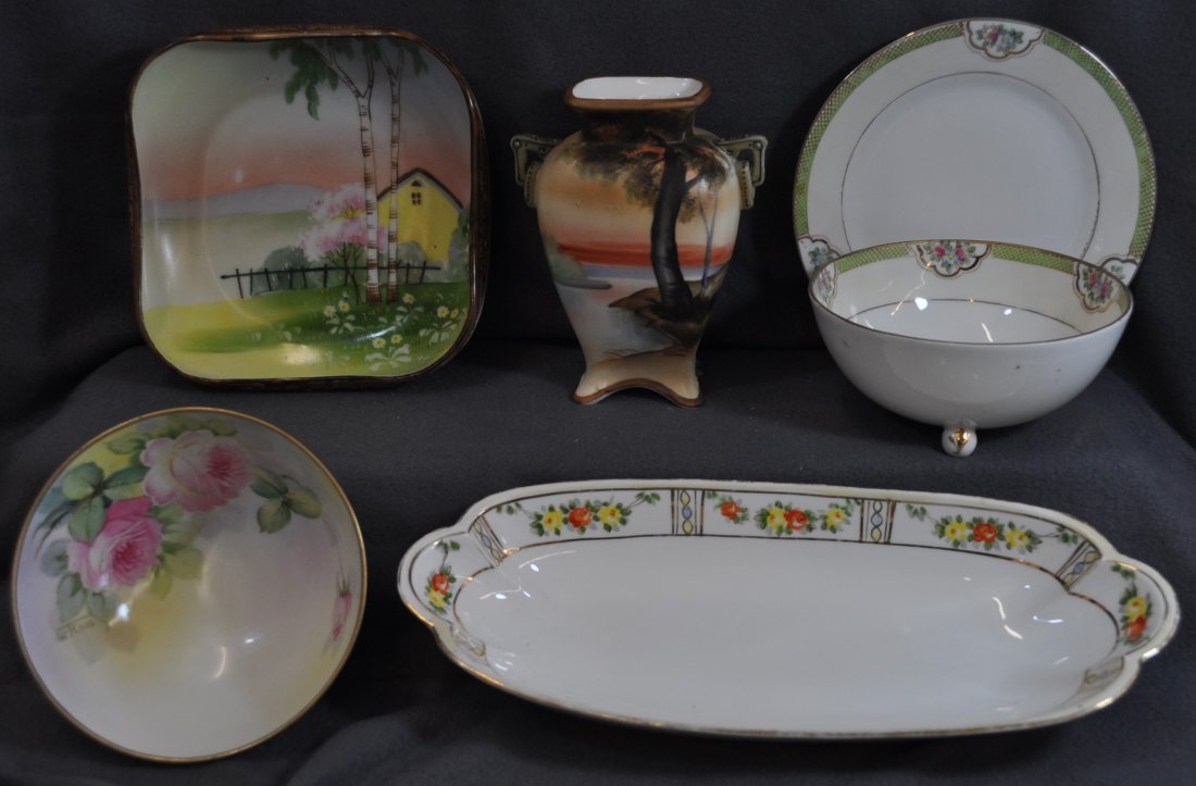 PRE 1921 MORIMURA & RISING SUN NIPPON HP SERVING PCS XT: We are very pleased to present this wonderful lot of pre 1921 hand painted Nippon items, including a valuable Rising Sun Nippon marked, green band floral medallion 3 footed rice bowl and underplate, a