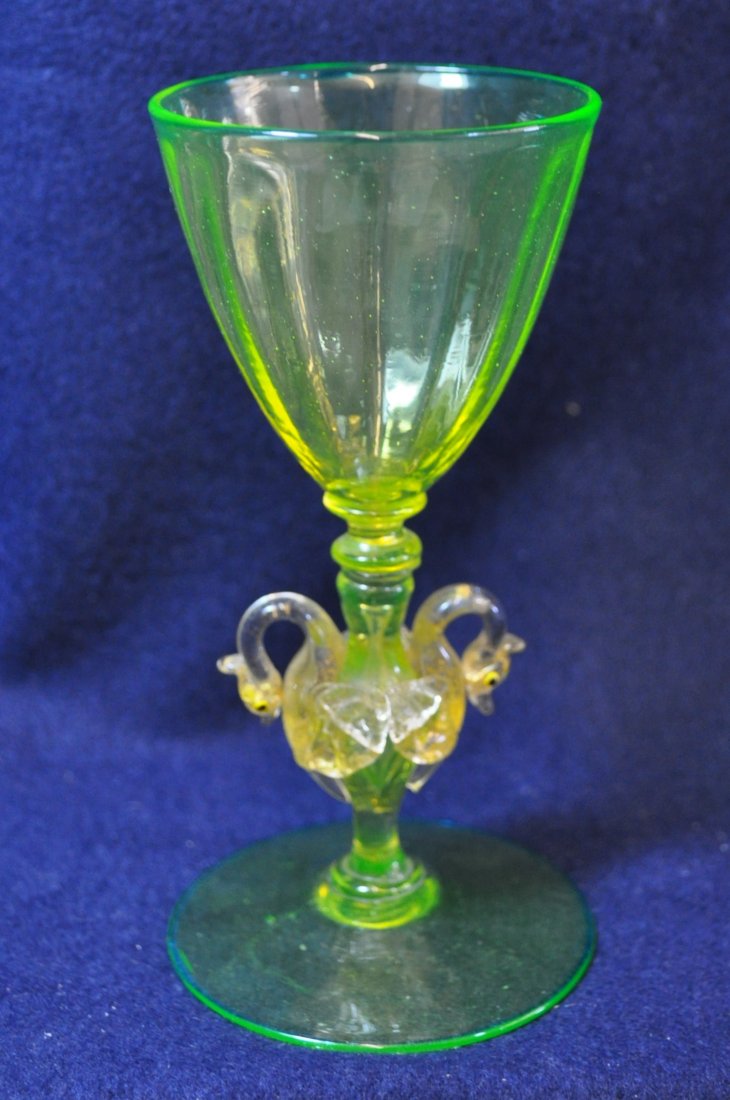 1910 VENETIAN HD BLOWN VASELINE SWAN STEM WINE GLASS XV: The AEAA is very pleased to present this next piece of valuable Vaseline glass items from the respected Loren (Butch) Morse collection. This lot represents a wonderful early 20th century, ca. 1910-192