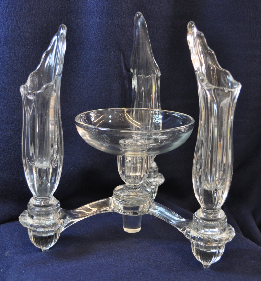 FOSTORIA 3 HORN EPERGNE WITH BOWL XV: The AEAA is very pleased to present this next piece of valuable glass from the respected Loren (Butch) Morse collection. This lot represents a wonderful 1950s Fostoria Glass Colony crystal three horn 