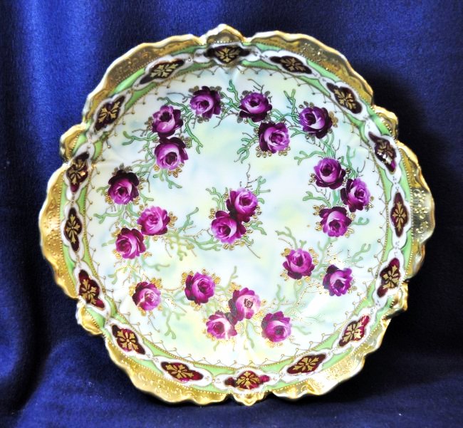 RARE 1895 NIPPON GRN CHERRY BLOSSOM MARK ROSES BOWL XJ: The AEAA is extremely proud to present this Incredible ca. 1895-1905 hand painted & gilded giant serving bowl, carrying the Rare Green Cherry Blossom base mark. The bowl is simply brilliant, with some