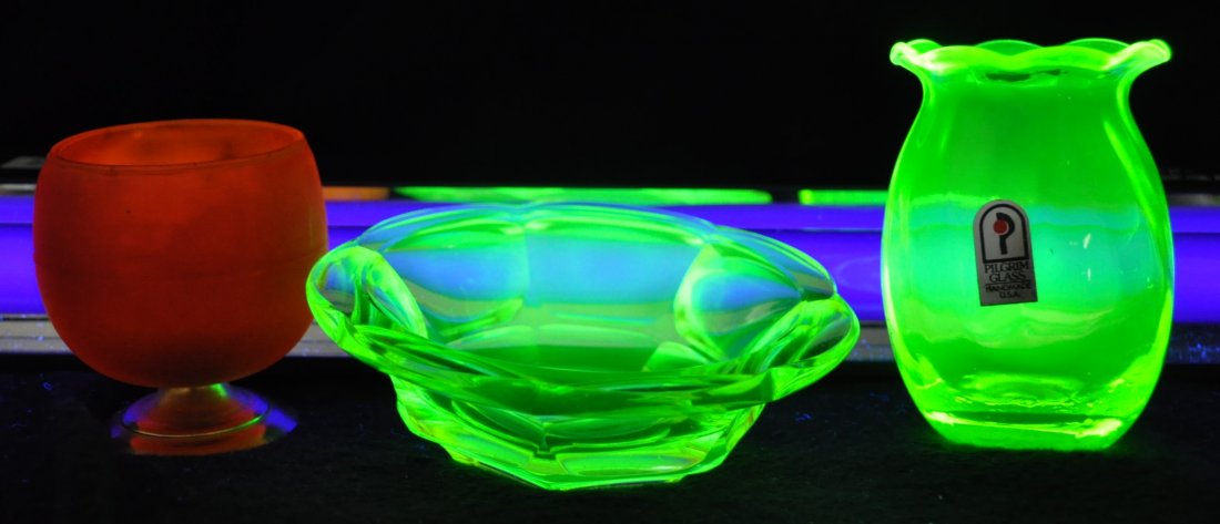 1930s GREEN URANIUM BOWL 1970S PILGRIM VASE + GOBLET XV: The AEAA is very pleased to present this next pair of valuable Green Uranium glass items from the respected Loren (Butch) Morse collection. This lot represents a nice 1930s hand blown 7 facet scallope