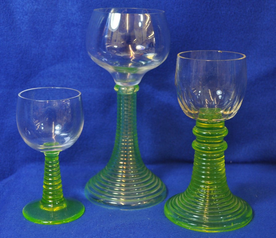 1930 SENECA GLASS VASELINE STACKED RING WINE GOBLETS XV: The AEAA is very pleased to present this next group of (3) valuable Vaseline (Green Uranium) glass items from the respected Loren (Butch) Morse collection. This lot represents three wonderful Depressi