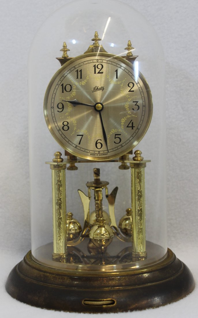 SCHATZ 400 DAY ANNIVERSARY CLOCK GERMANY XW: Offered for your consideration this German Schatz 400 day anniversary clock , circa 1960s , Schatz & Sohne Germany model 49, dome and etched posts .......... The Schatz Clock company and the clocks th