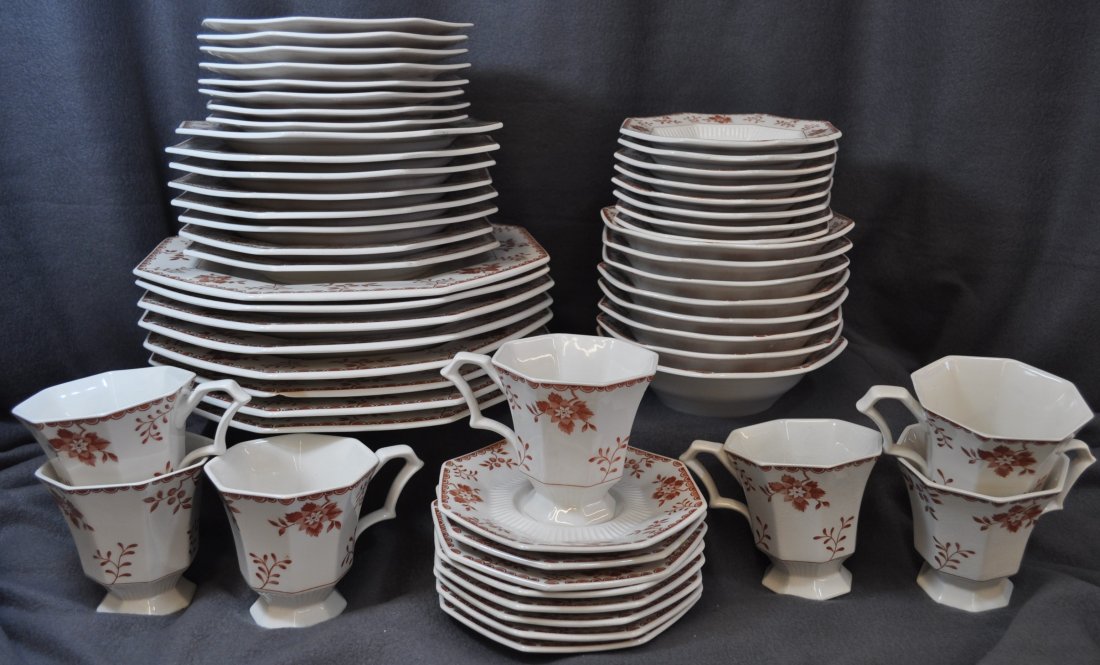 55 PCs INDEPENDENCE IRONSTONE BITTERSWEET CHINA XT: Here is a Vintage Collection of 1776 Bittersweet Independence China , 55 PIECES IN ALL, with a fascinating history THE SET includes 8 dinner plates (10.5"), 8 dessert plates (8"), 8 bread & butter pla