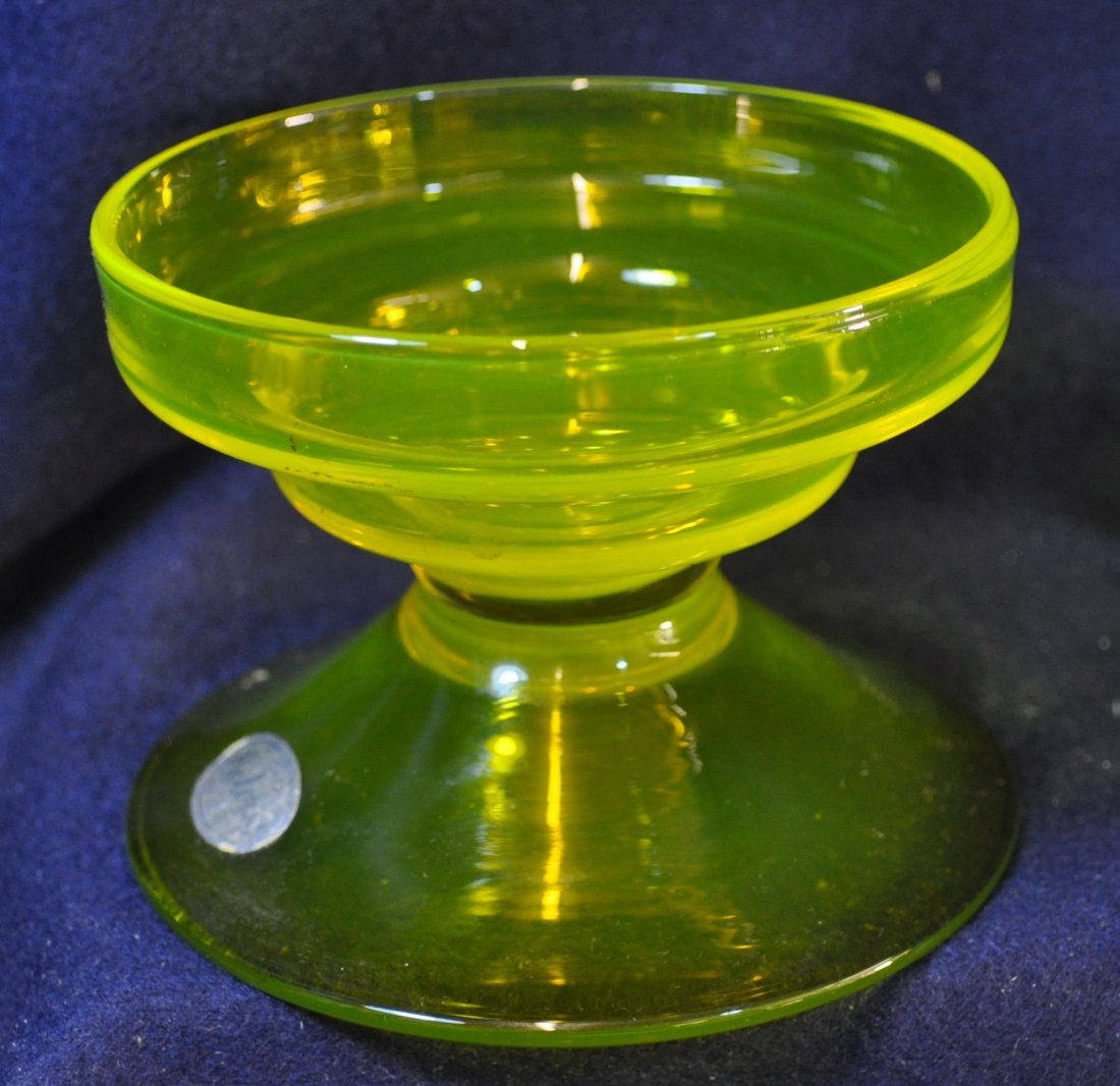 1960 COLONY ITALY CITRON VASELINE BASE CANDLE HOLDER XV: The AEAA is very pleased to present this next piece of valuable Vaseline (Green Uranium) glass items from the respected Loren (Butch) Morse collection. This lot represents a stunning Colony Glass (Mur