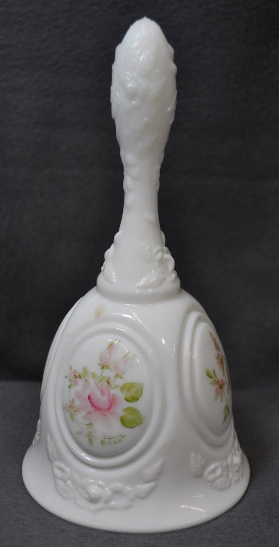 1980 FENTON HI GLOSS OPAL GLASS HP MEDALLION BELL XW: The AEAA is very pleased to present this next piece of valuable Fenton high gloss opal glass, representing a stunning 1980-1982 Rose & Cherry Blossom medallion bell, Ware #8267 finished in a lovely ro