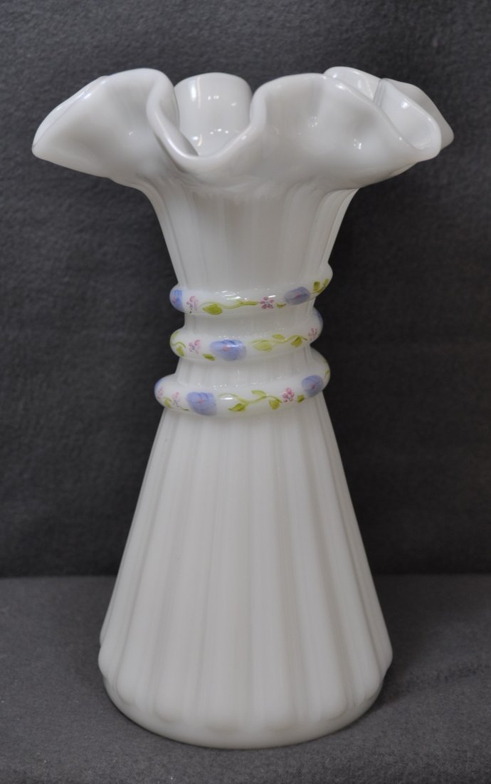 1984 FENTON OPALINE PETITE FLEUR WHEAT SHEAF VASE XW: The AEAA is very pleased to offer this gorgeous Fenton Art Glass 1984, hand painted #5858 Wheat Sheaf vase, finished in the Opaline Petite Fleur pattern. This classic ribbed & banded wheat bundle with