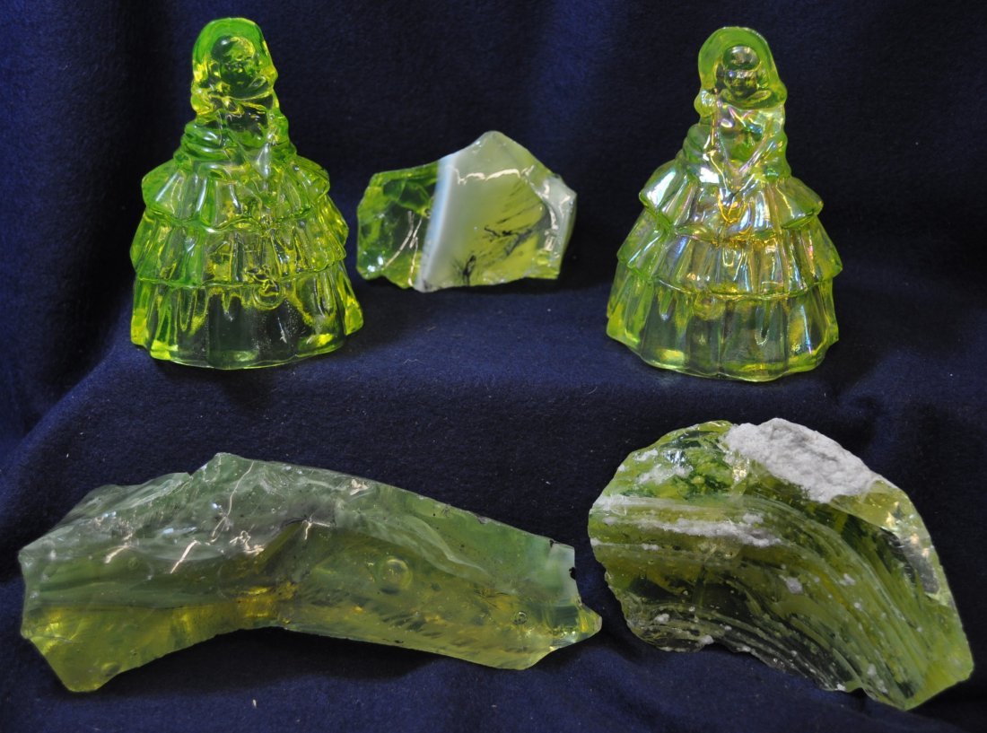 1980s BOYD VASELINE BELLS AS SOUTHERN BELLES, SHARDS XV: The AEAA is very pleased to present this next group of valuable Vaseline, Opalescent & Iridized glass items from the respected Loren (Butch) Morse collection. This lot represents a stunning pair of 19
