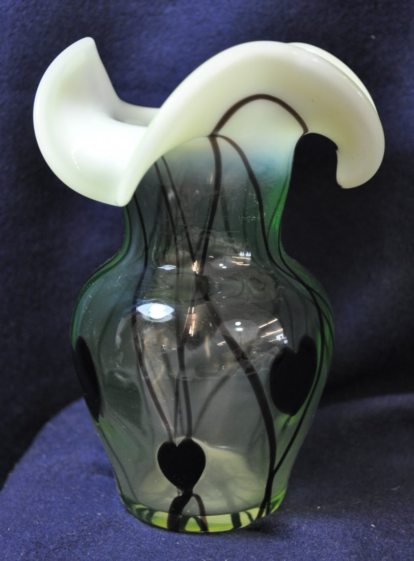2001 GIBSON VASELINE OPALESCENT HANGING HEART VASE XV: The AEAA is very pleased to present this next piece of valuable Vaseline Opalescent glass from the respected Loren (Butch) Morse collection. This lot represents a scarce & lovely Gibson Glass hand blo