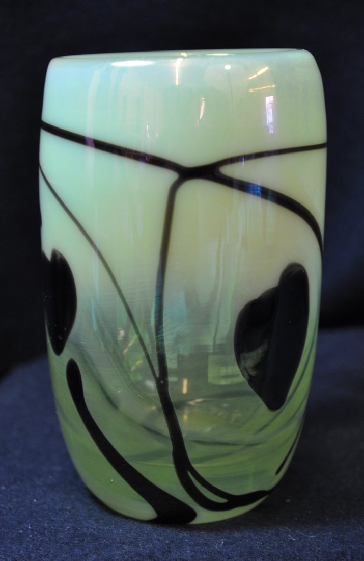 GIBSON VASELINE OPALESCENT HANGING HEART TUMBLER XV: The AEAA is very pleased to present this next piece of valuable Vaseline Opalescent glass from the respected Loren (Butch) Morse collection. This lot represents a scarce & lovely Gibson Glass hand blo