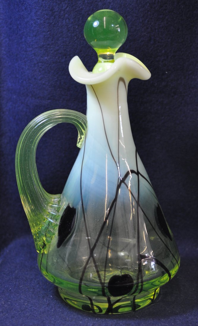 2000 GIBSON VASELINE OPALESCENT HANGING HEART CRUET XV: The AEAA is very pleased to present this next piece of valuable Vaseline Opalescent glass from the respected Loren (Butch) Morse collection. This lot represents a scarce & lovely Gibson Glass hand blo