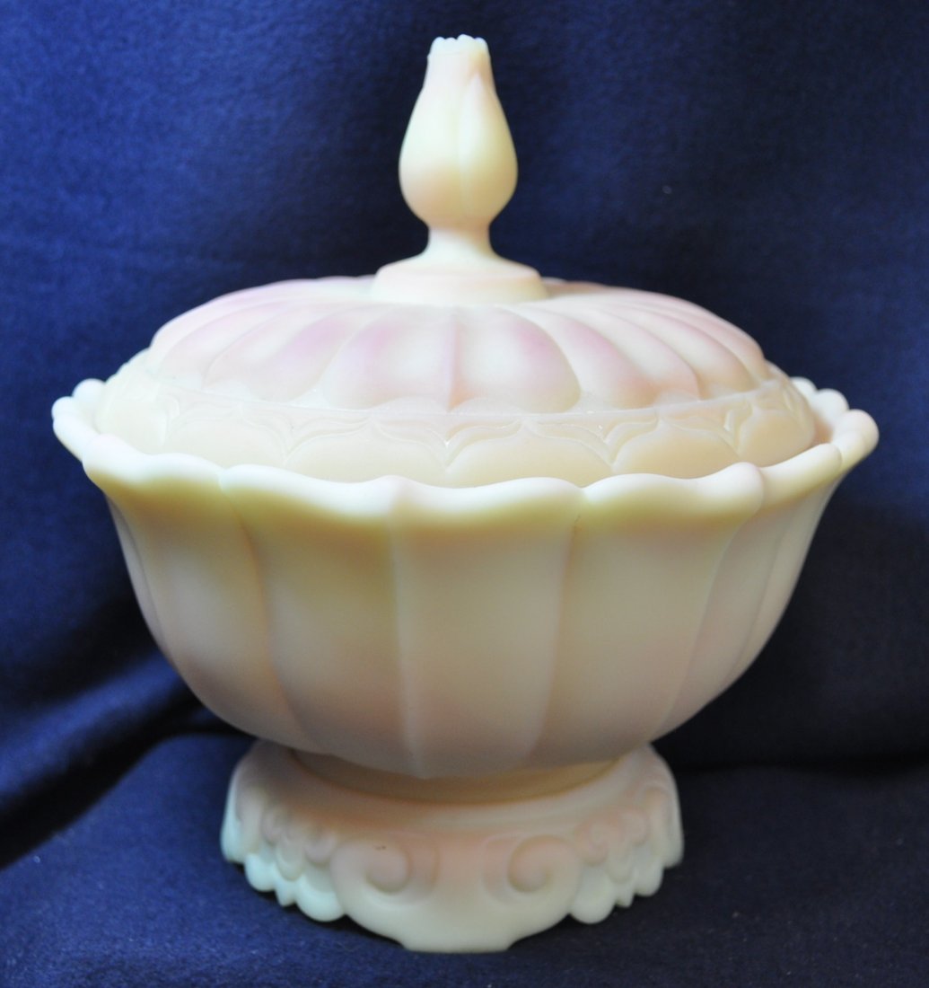 1998 SHELLEY FENTON LTD 3 PC OGEE BURMESE CANDY BOX XV: The AEAA is very pleased to present this next piece of valuable Burmese glass items from the respected Loren (Butch) Morse collection. This lot represents a gorgeous & scarce 1998 Ltd. Ed. Fenton Art 