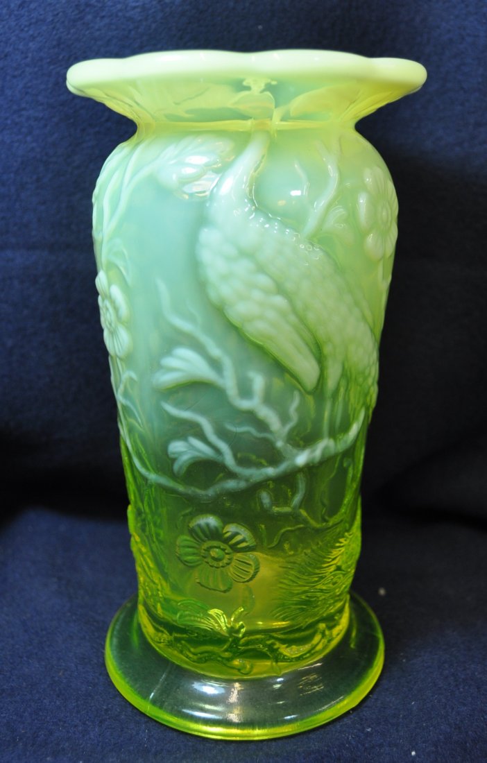 1980s FENTON, SINGLETON BAILEY VASELINE PEACOCK VASE XV: The AEAA is very pleased to present this next piece of valuable Vaseline Opalescent glass items from the respected Loren (Butch) Morse collection. This lot represents a Scarce & stunning modified Fent