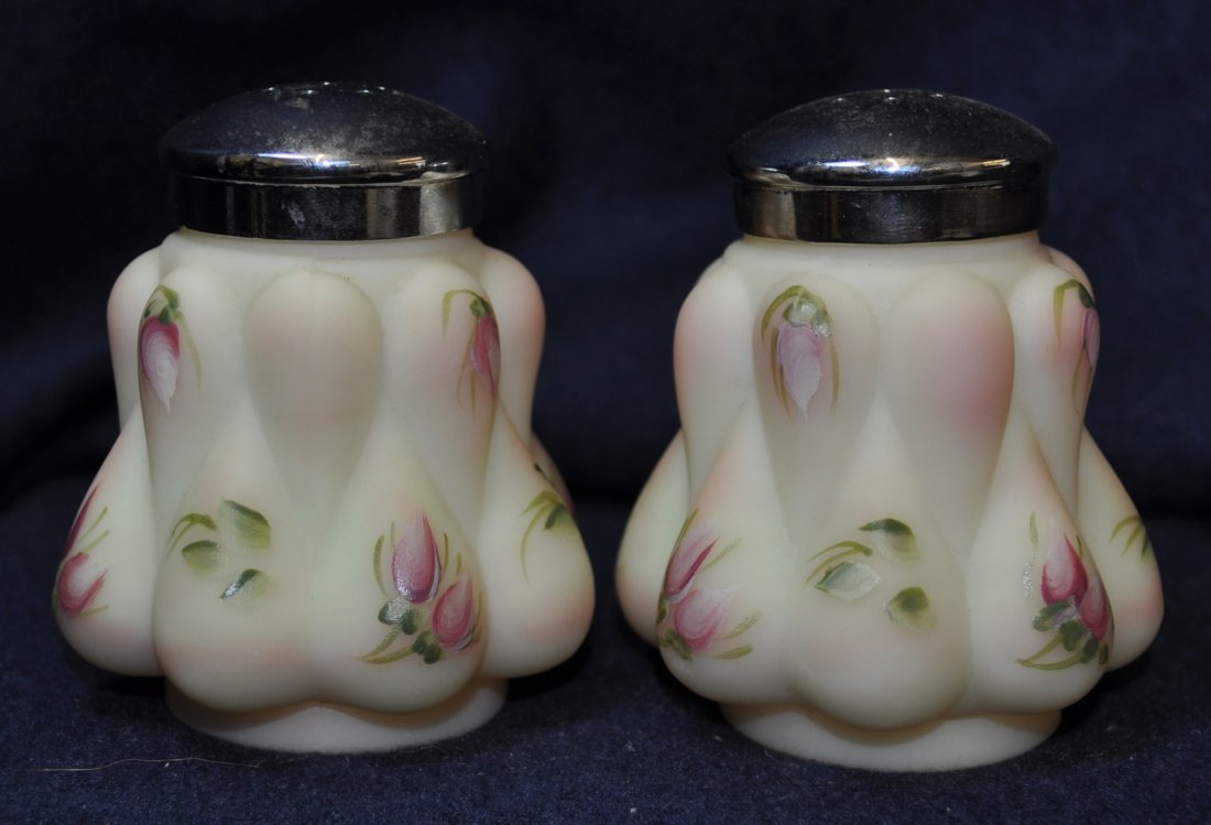 97 FENTON FAGCA TEAR DROP TULIP BURMESE SALT PEPPERS XV: The AEAA is very pleased to present this next pair of valuable Burmese hand painted glass items from the respected Loren (Butch) Morse collection. This lot represents a stunning and scarce 1997 Ltd. E