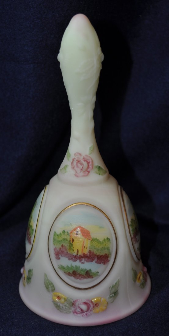 97 FENTON LTD BURMESE FOREST COTTAGE MEDALLION BELL XV: The AEAA is very pleased to present this next piece of valuable Burmese glass items from the respected Loren (Butch) Morse collection. This lot represents a gorgeous & Scarce 1997 Designer Series Burm