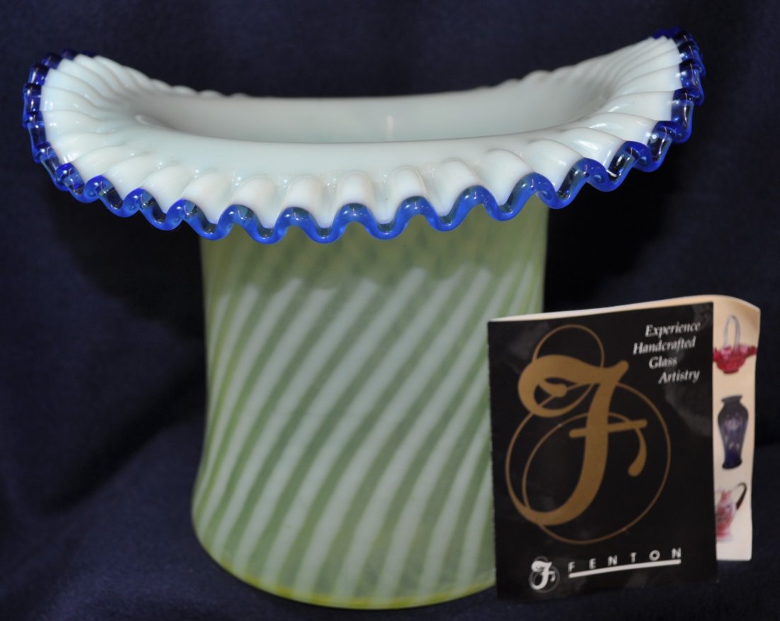 90s FENTON TOPAZ OPALESCENT SWIRL COBALT CREST VASE XV: The AEAA is very pleased to present this next piece of valuable Topaz (Vaseline) Opalescent glass items from the respected Loren (Butch) Morse collection. This lot represents a stunning 1990s Fenton A