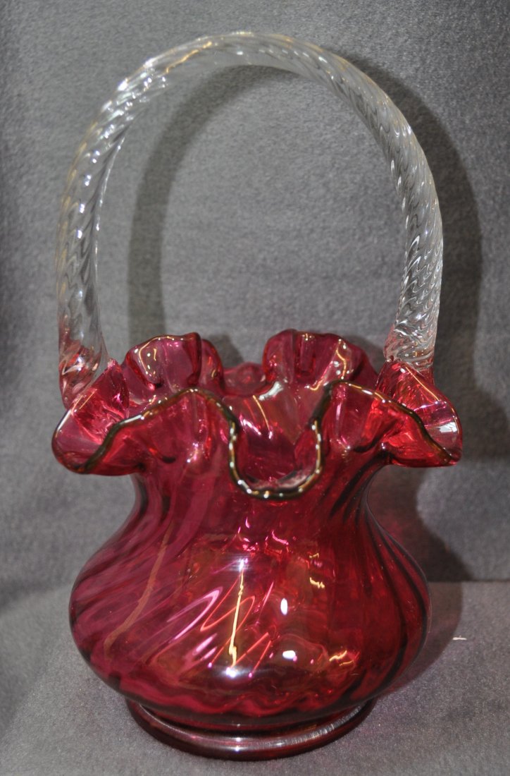 2002 FENTON SPIRAL OPTIC RIB COUNTRY CRANBERRY BASKETXJ: The AEAA is pleased to offer this fine ca. 2000-2002, Fenton Spiral Optic Rib double crimped rim basket from the Country Cranberry Collection. This wide collar base design is Fenton Ware #3076C6, and 